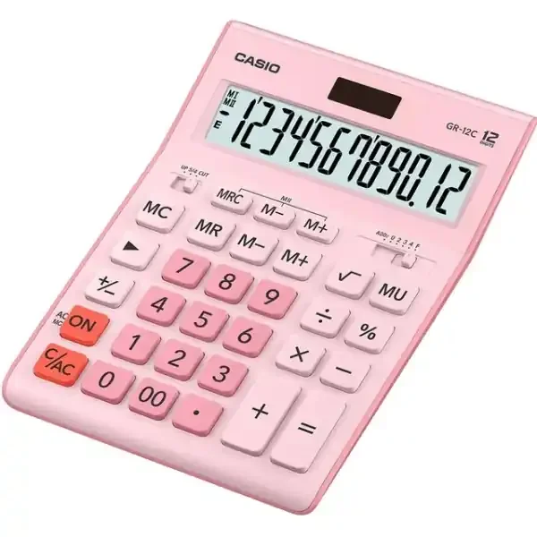 Casio GR-12C Calculadora de Sobremesa de 12 Digitos – Pantalla Extragrande – Simbolos de Comando de Funcion – Alimentacion Solar y Pilas – Color Rosa