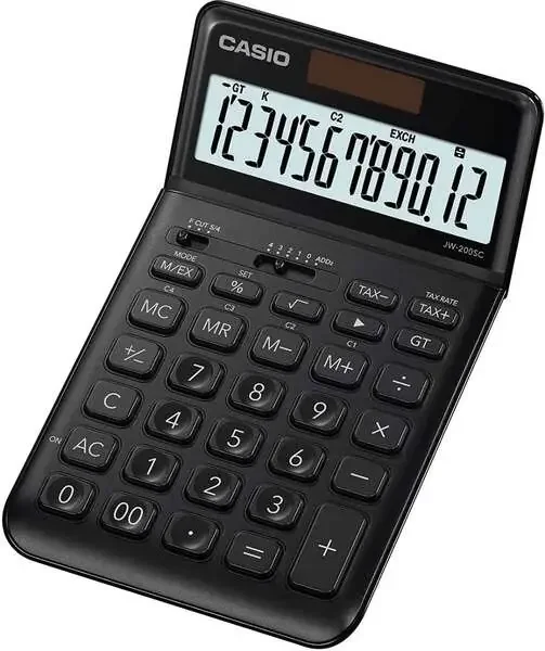 Casio JW-200SC Calculadora de Sobremesa – Pantalla LCD de 12 Digitos Inclinacion Ajustable – Alimentacion Solar y Pilas – Color Negro