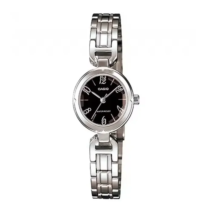 Casio Ltp-1373d-1adf Reloj De Pulsera Analógico Para Mujer Color Plateado Esfera Negra Cristal Biselado