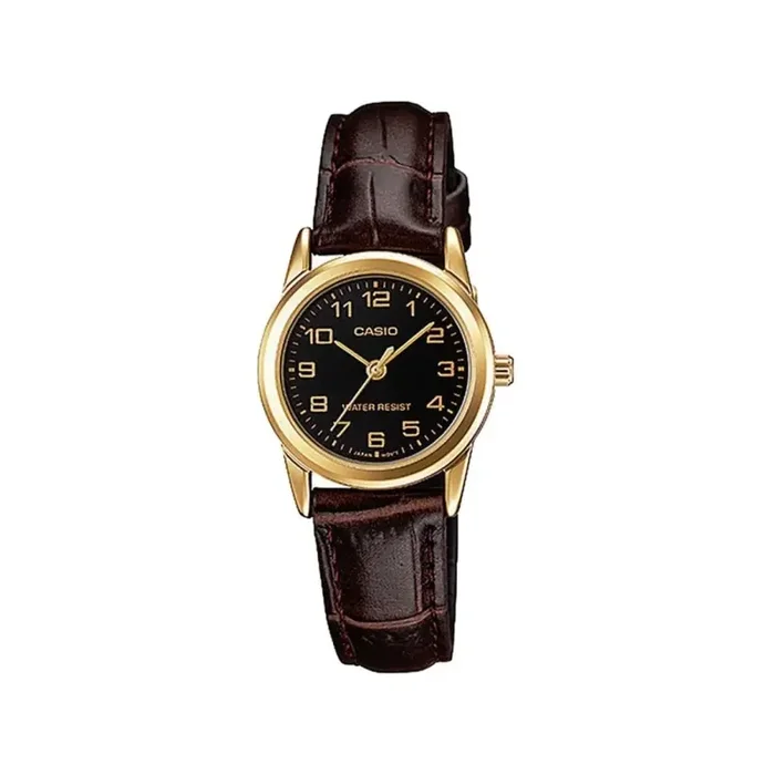 Casio LTP-V001GL-1B Reloj para Mujer Caja dorada esfera negra y correa de piel marrón