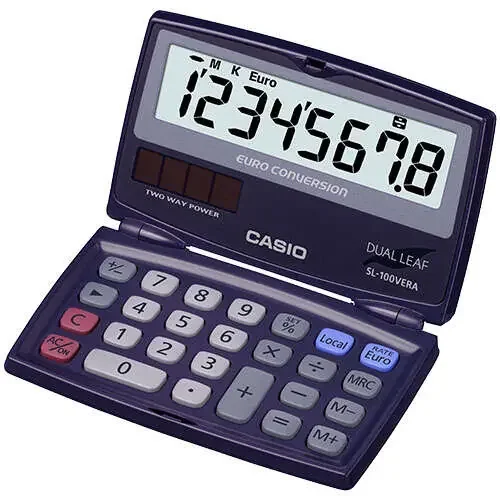 Casio SL-100VERA Calculadora de Bolsillo Tipo Concha – Pantalla LC Extragrande de 8 Digitos – Funcion Conversor de Euros – Color Azul Oscuro