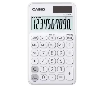 Casio SL-310UC Calculadora de Bolsillo con Pantalla LCD de 10 Digitos – Calculo de Impuestos – Alimentacion Solar y Pilas – Compacta y Ligera – Color Blanco