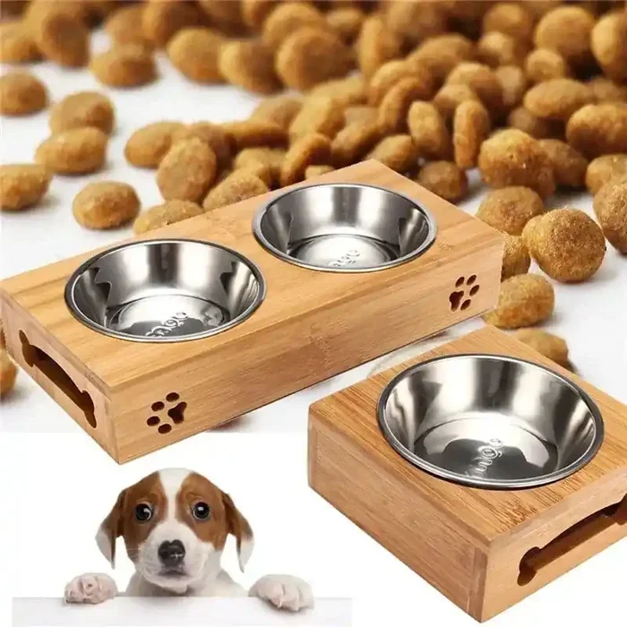 Comedero para perro de cerámica con soporte de bambú