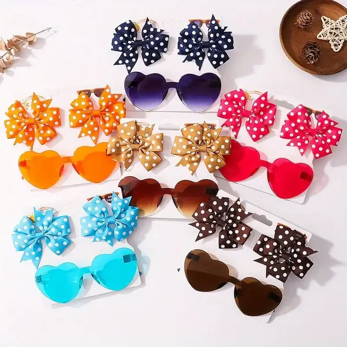 Conjunto de Verano Colorido para Niñas Gafas de Lunares & Lazos para el Cabello