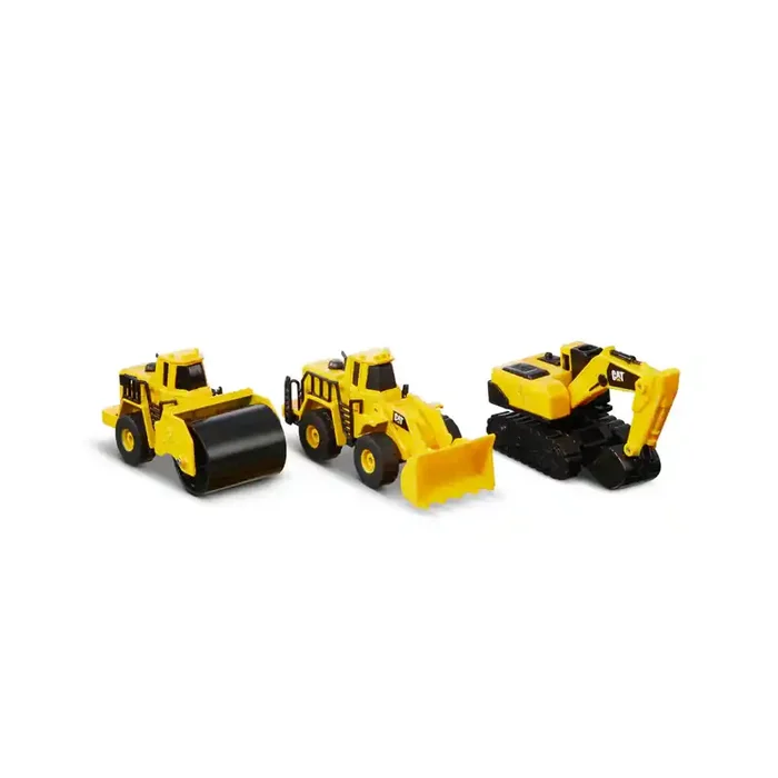 Conjunto maquinas Caterpillar juguete, apisonadora, pala y excavadora metal y piezas de plástico longitud de cada máquina 10cm e