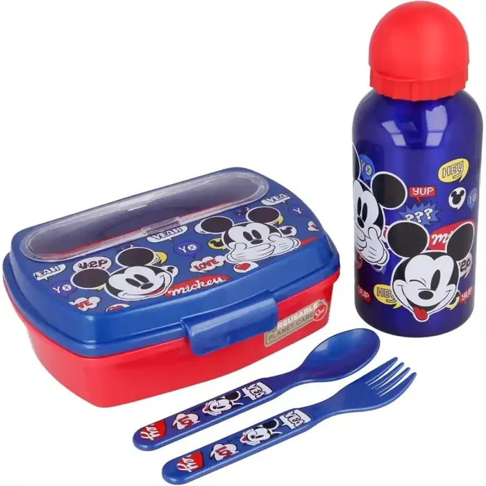 Conjunto merienda Mickey Mouse con sandwichera, cubiertos y botella de agua producto oficial