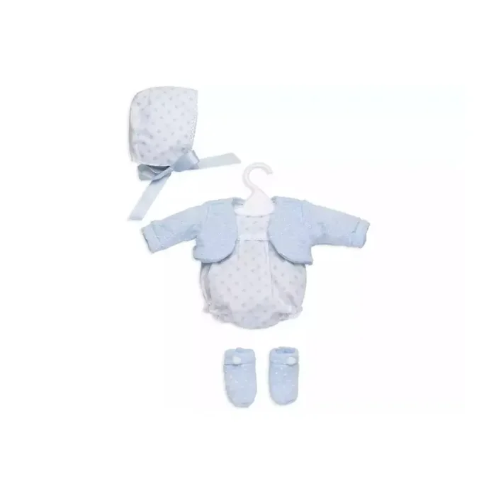 Conjunto Vestido para Muñeca de 42 cm azul de Berbesa con gorro, rebeca, patucos