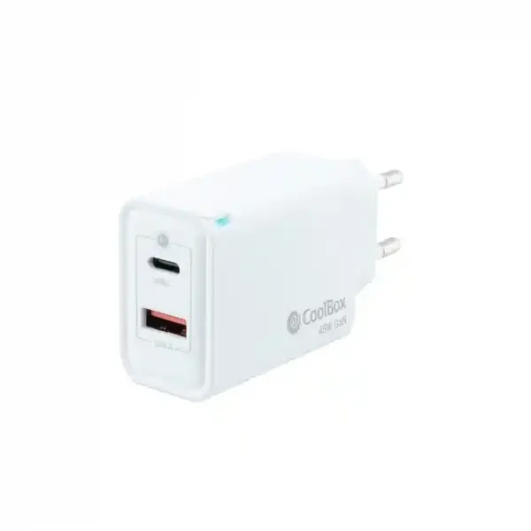 Coolbox Cargador de Pared GaN 45W USB-C/USB-A Carga Rapida – Compacto – Compatible con Multiples Dispositivos – Tecnologia Avanzada GaN – Color Blanco