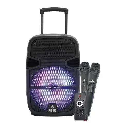Coolsound A340 Altavoz Amplificado Bluetooth 250W 8″ – USB, Entrada Mic. Jack 6.3mm – Iluminacion LED – 2 Microfono Incluidos – Asa y Ruedas de Transporte – Mando a Distancia