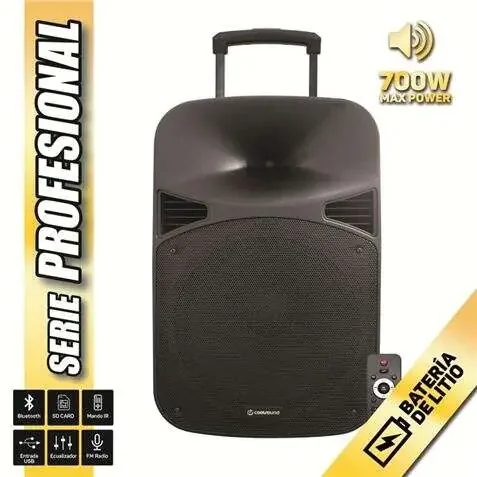 Coolsound Serie Pro Altavoz Autoamplificado Bluetooth 15″ 700W Max Power con Bateria – USB, Entrada Mic. Jack 6.3mm – Asa y Ruedas de Transporte – Mando a Distancia
