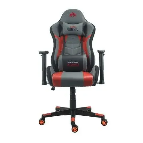 Cromad Serie Phoenix Silla Gaming – Altura Regulable con Piston de Gas Clase 2 – Reclinable hasta 180º – Cojines Lumbar y Cervical – Color Gris/Rojo/Negro