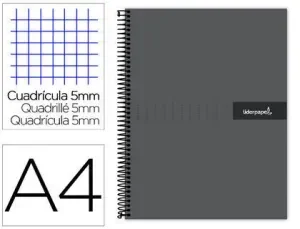 CUADERNO ESPIRAL LIDERPAPEL A4 MICRO CRAFTY TAPA FORRADA 120H 90 GR CUADRO 5 MM 5 BANDAS 4 COLORES COLOR NEGRO