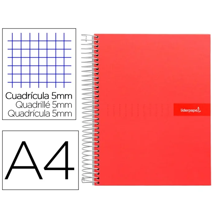 Cuaderno espiral liderpapel a4 micro crafty tapa forrada 120h 90gr cuadro 5mm 5 bandas 4 colores color rojo