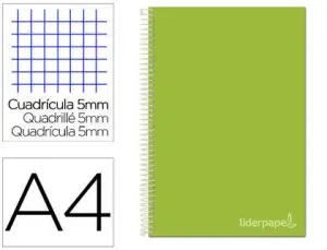CUADERNO ESPIRAL LIDERPAPEL A4 MICRO JOLLY TAPA FORRADA 140H 75 GR CUADRO 5MM 5 BANDAS 4 TALADROS COLOR VERDE