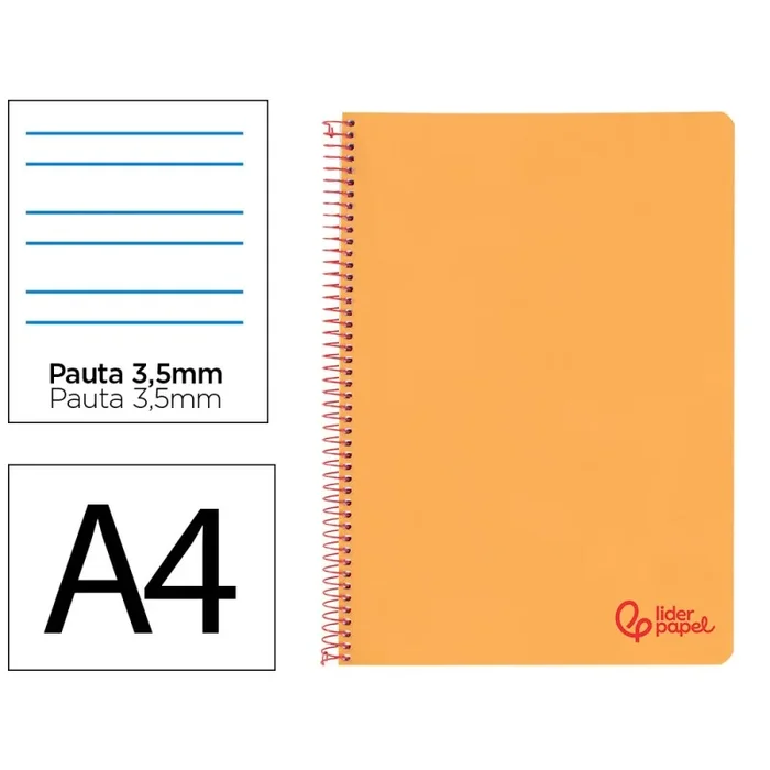 Cuaderno espiral liderpapel a4 wonder tapa plastico 80h 90gr pauta ancha 3,5mm con margen color naranja