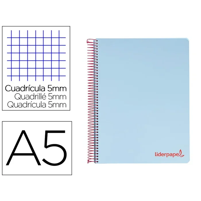 Cuaderno espiral liderpapel a5 micro wonder tapa plastico 120h 90gr cuadro 5mm 5 bandas 6 taladros color celeste