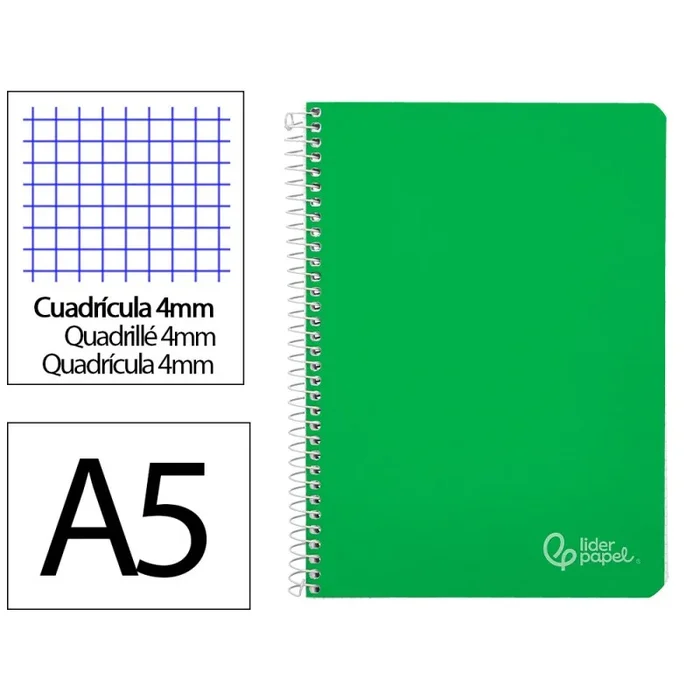 Cuaderno espiral liderpapel a5 witty tapa dura 80h 90gr cuadro 4mm con margen color verde