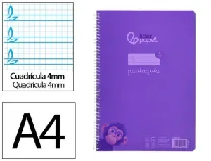 CUADERNO ESPIRAL LIDERPAPEL DIN A4 PAUTAGUIA TAPA PLASTICO80H 90GR CUADRO PAUTADO 4MM CON MARGEN COLOR VIOLETA