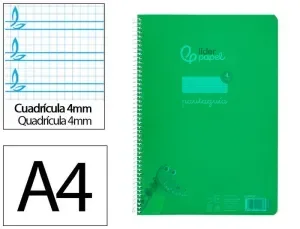 CUADERNO ESPIRAL LIDERPAPEL DIN A4 PAUTAGUIA TAPA PLASTICO80H 90GR CUADRO PAUTADO 4MM CON MARGEN COLOR VERDE