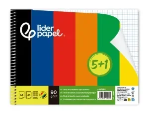 CUADERNO ESPIRAL LIDERPAPEL DIN A4 TAPA POLIPROPILENO 80H 75GR CUADRO 4MM CON MARGEN PACK 5+1 COLORES SURTIDOS