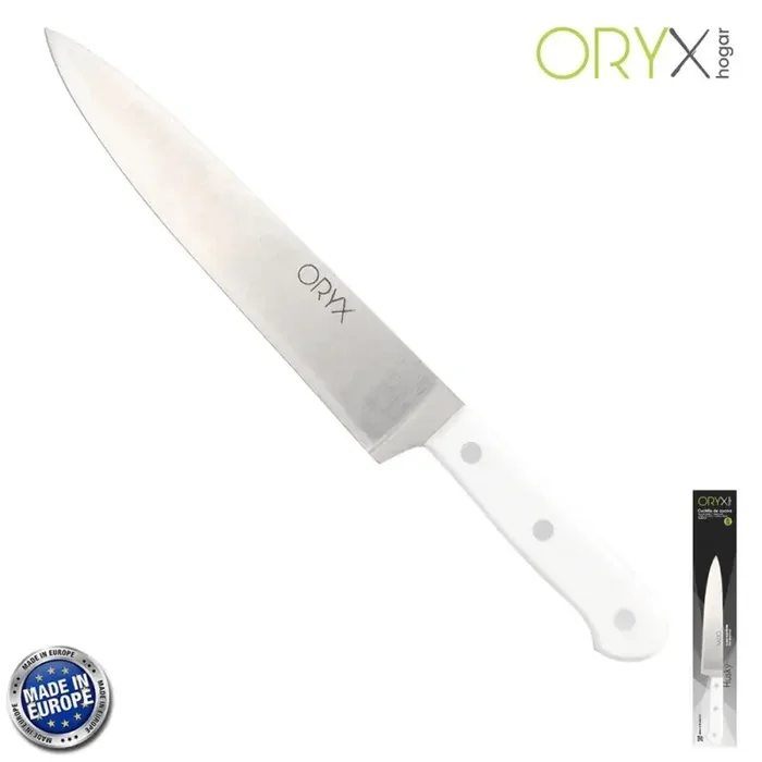 Cuchillo Husky Cocina 20 cm. Hoja Acero Inoxidable, Cuchillo Carne, Cuchillo Pescado, Cuchillo Chef, Mango Ergonómico Blanco