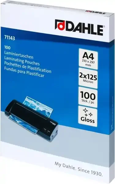 Dahle Pack de 100 Fundas para Plastificar Brillo A4 – 125 Micras – Alta Calidad – Transparente