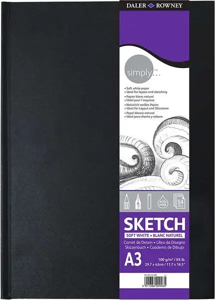 Daler Rowney Simply Cuaderno de Dibujo Cosido A3 – 100g/m2 – Cubierta Rigida – 54 Hojas – Color Blanco
