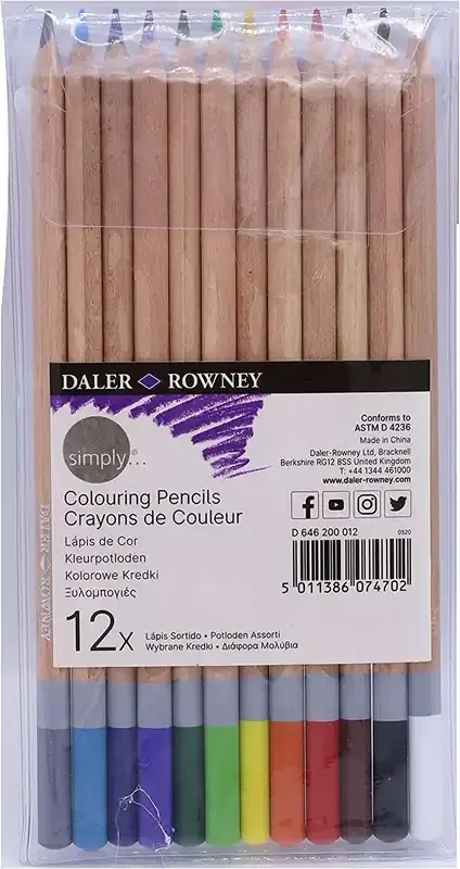Daler Rowney Simply Pack de 12 Lapices de Colores Redondos – Facil de Afilar – Para Estudiantes y Uso Domestico – Colores Surtidos