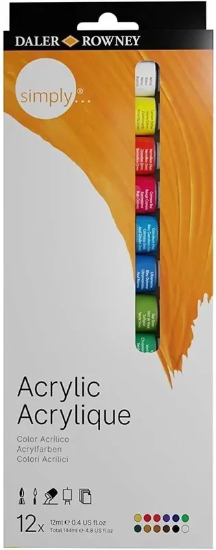 Daler Rowney Simply Pack de 12 Pinturas Acrilicas – Secado Rapido – Optima Cobertura – Colores Mezclables 12ml – Colores Surtidos
