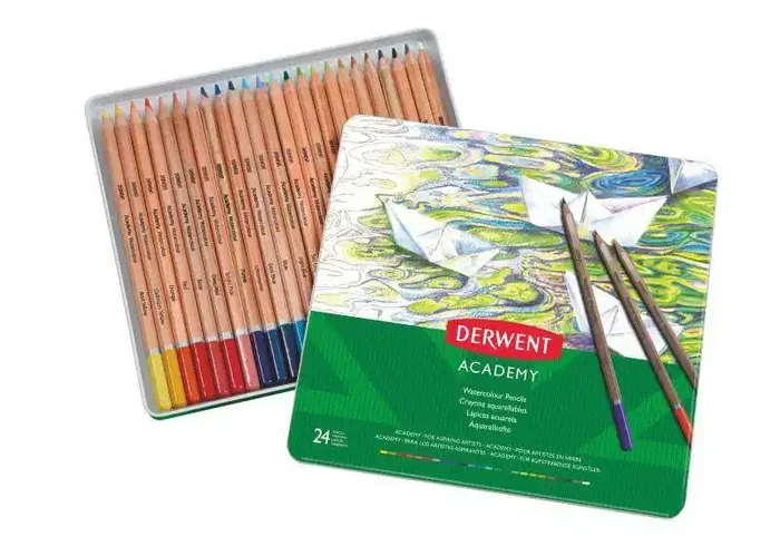 Derwent Academy Lata de 24 Lapices Acuarelables – Flexibilidad de la Acuarela – Cuerpos de Madera Natural – Faciles de Usar – Pigmentos de Calidad – Mezclables y Disolubles – Colores Surtidos