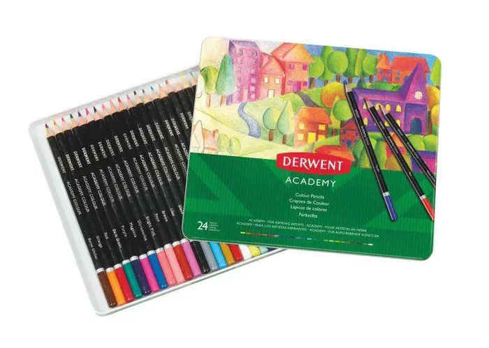 Derwent Academy Lata de 24 Lapices de Colores de Gran Calidad – Transferencia de Color Perfecta – Cuerpos de Madera Natural – Colores Surtidos