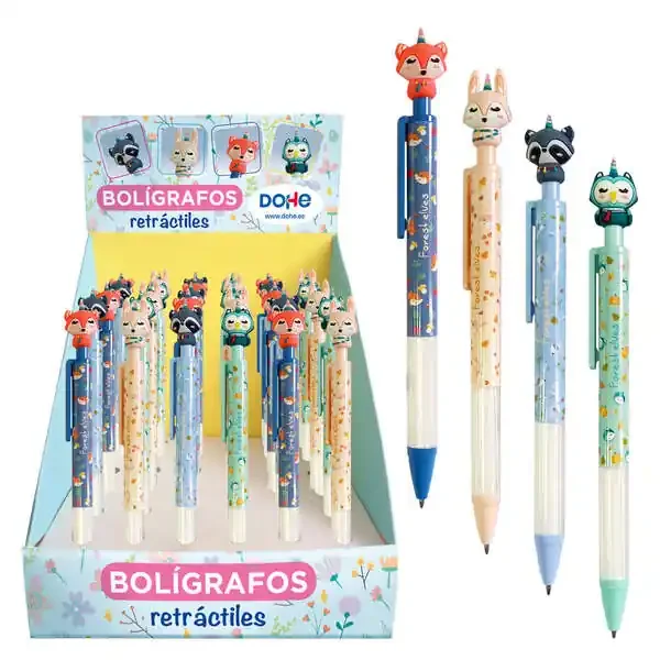 Dohe Boligrafos Retractiles Forest Elves – Punta de Bola Metalica de 1mm – Tinta Base de Aceite en Color Azul – Cuerpo de Plastico en Colores Vivos – Pulsador Decorado con Motivos Forest Elves (36 uds)