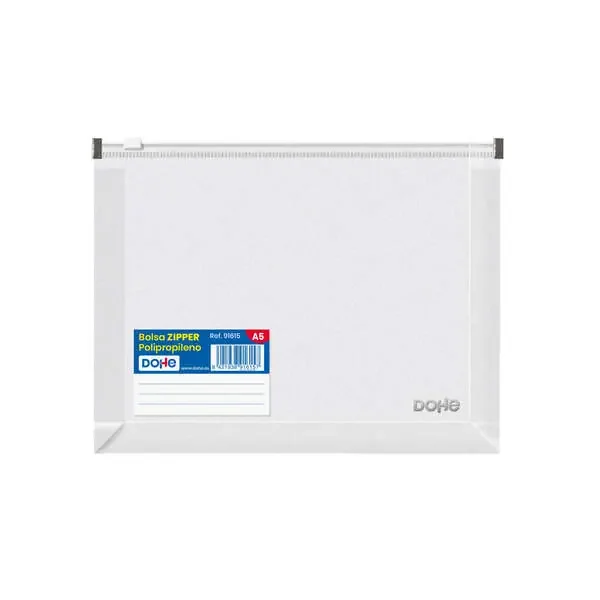Dohe Bolsa Zipper Apaisada de Polipropileno Transparente – 180 Micras – Cierre Zip Hermetico Blanco – Lomo Expansible 30mm – Etiqueta Frontal (12 uds)