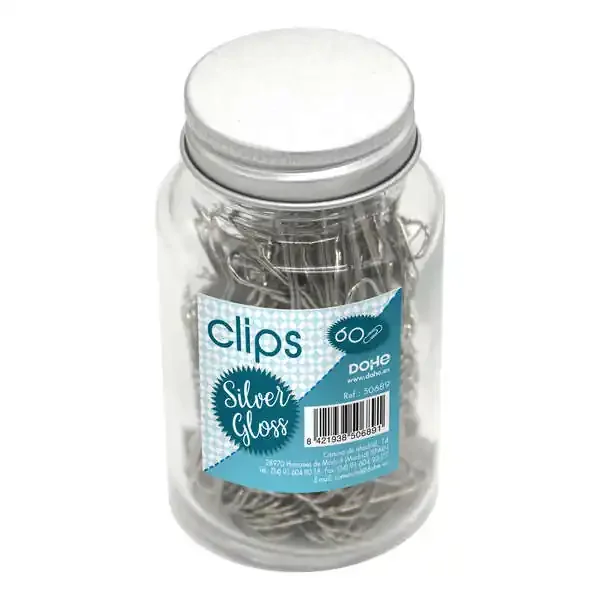 Dohe Bote de Cristal con 60 Clips Metalicos de 50mm – Color Plata Brillante