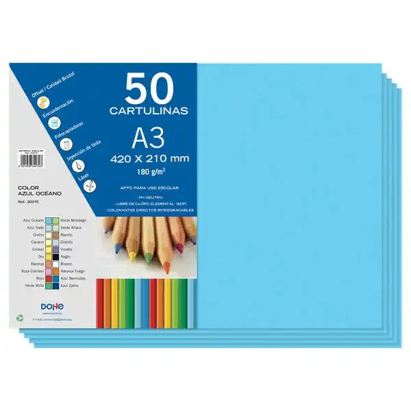Dohe Cartulinas A3 – 50 Hojas – Gramaje de 180g – Color Azul