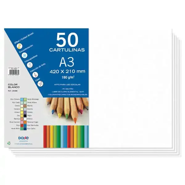 Dohe Cartulinas A3 – 50 Hojas – Gramaje de 180g – Ideal para Manualidades y Proyectos Escolares