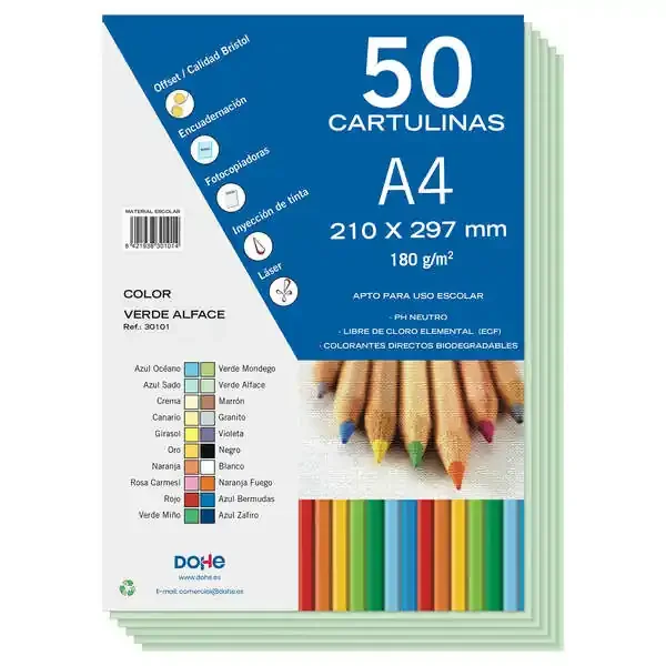 Dohe Cartulinas de Colores de 180 G/M2 – Tamaño A4 – PH Neutro – Libres de Cloro Elemental – Colorantes Biodegradables