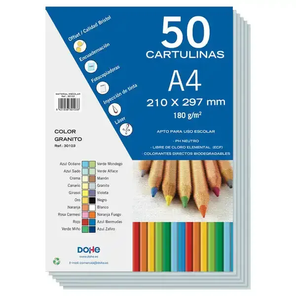 Dohe Cartulinas de Colores de 180 G/M2 – Tamaño A4 – PH Neutro – Libres de Cloro Elemental – Colorantes Biodegradables