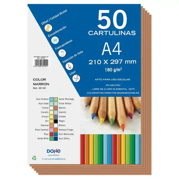 Dohe Cartulinas de Colores de 180 G/M2 – Tamaño A4 – PH Neutro – Libres de Cloro Elemental – Colorantes Biodegradables