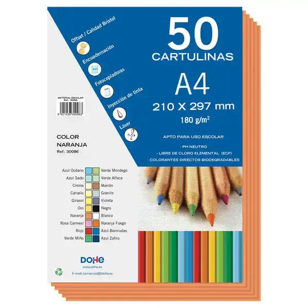 Dohe Cartulinas de Colores de 180 G/M2 – Tamaño A4 – PH Neutro – Libres de Cloro Elemental – Colorantes Biodegradables