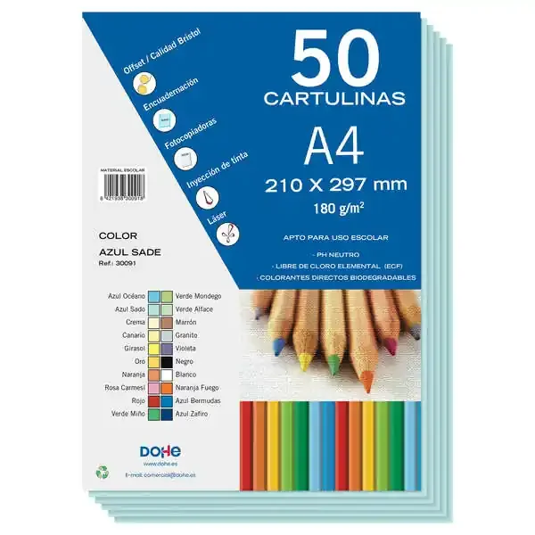 Dohe Cartulinas de Colores de 180 G/M2 – Tamaño A4 – PH Neutro – Libres de Cloro Elemental – Colorantes Biodegradables
