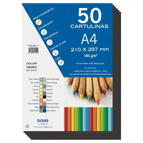 Dohe Cartulinas de Colores de 180 G/M2 – Tamaño A4 – PH Neutro – Libres de Cloro Elemental – Colorantes Biodegradables