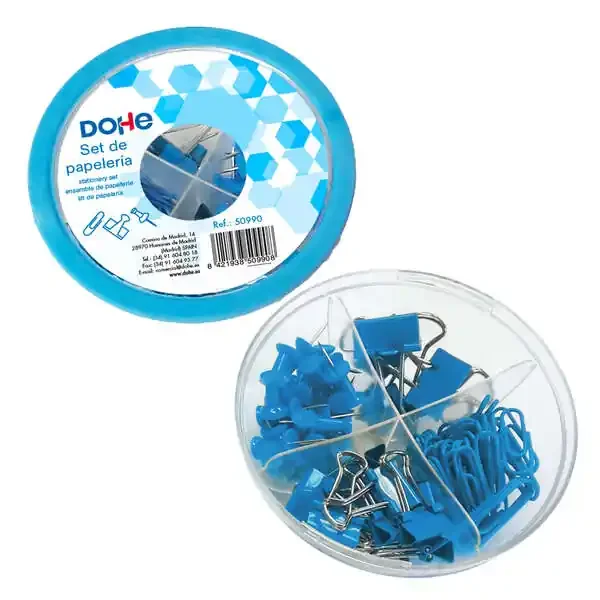 Dohe Combo Ovni Pack de Accesorios de Escritorio – 12 Pinzas de 15mm, 5 Pinzas de 19mm, 50 Clips de 28mm y 30 Push Pins de 22mm – Color Azul