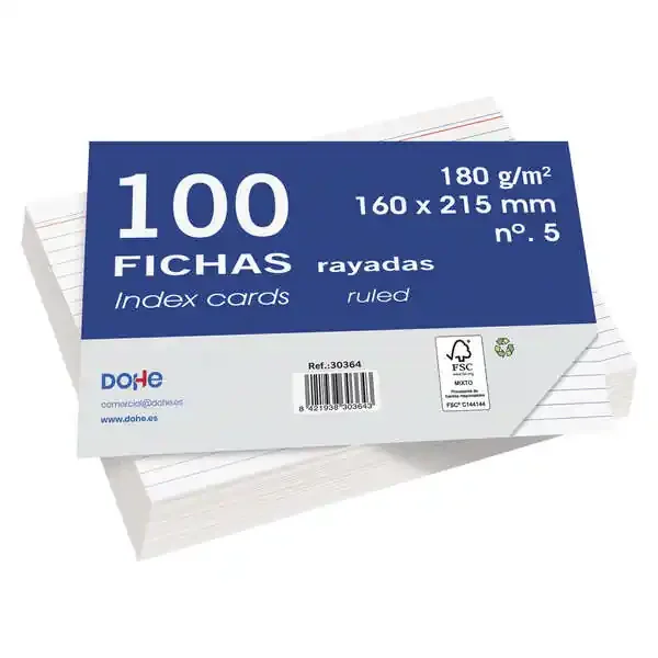 Dohe Fichas de Cartulina Offset Blanca de 180g – 100 Unidades – Rayadas