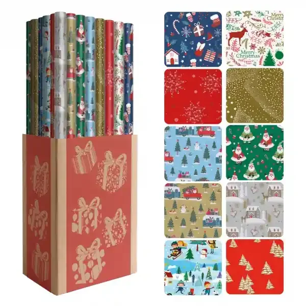 Dohe Navidad Expositor de 50 Rollos de Papel Regalo – 10 Diseños Diferentes – 5 Rollos por Diseño – Medidas del Rollo 0.70x2m