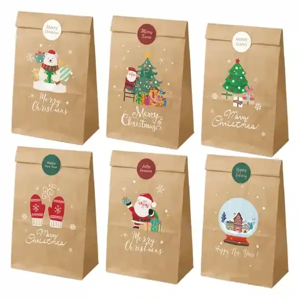 Dohe Navidad Pack de 12 Bolsas de Papel Kraft 22x12x8cm – 2 Bolsas por Modelo – Alta Resistencia
