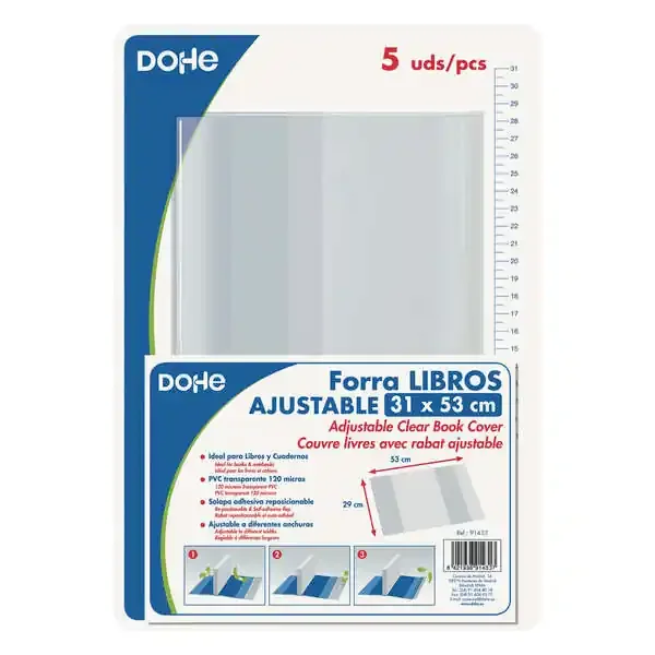 Dohe Pack de 5 Cubiertas Protectoras de Libros – Solapa Adhesiva Reposicionable – Tamaño 31x53cm – Material PVC 120 micras