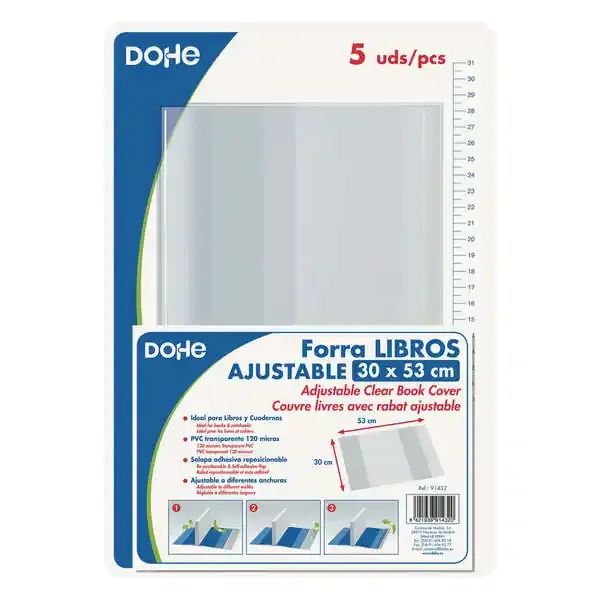 Dohe Pack de 5 Cubiertas Protectoras de Libros – Solapa Adhesiva Reposicionable – Tamaño 30x53cm – Material PVC 120 micras