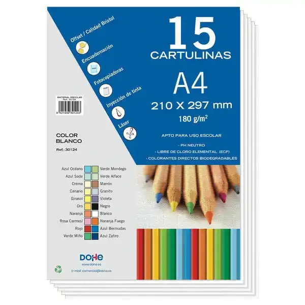 Dohe Paquete de 15 Hojas de Cartulinas A4 – 210mmx297mm – Gramaje de 180g