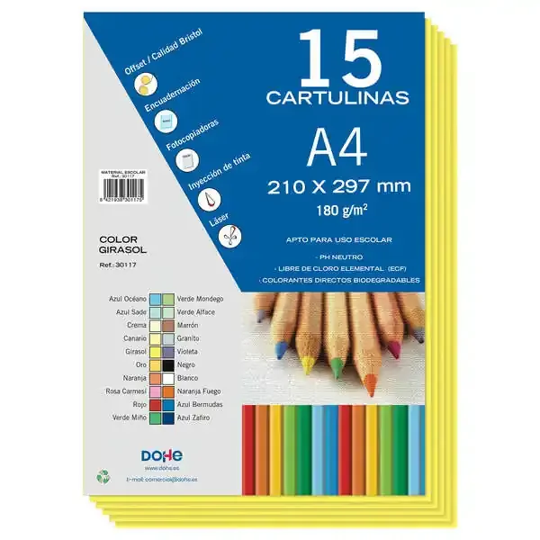 Dohe Paquete de 15 Hojas de Cartulinas A4 – 210x297mm – Gramaje de 180 G/M² – Colores Surtidos